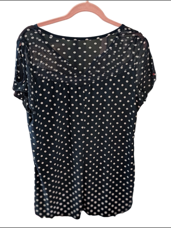 90's Vintage Susan Lawrence Navy and White Polka Dot Cold Shoulder Blouse - Picture 2 of 5
